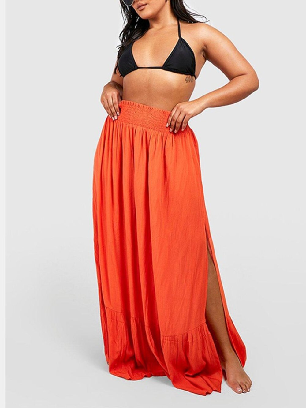 Boohoo Boho Crinkled Elastic Waiste High Slit Maxi Skirt